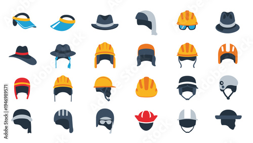 Extensive collection of various hats and helmets, showcasing diverse styles for different purposes including fashion, sports, and safety, in a flat icon style.