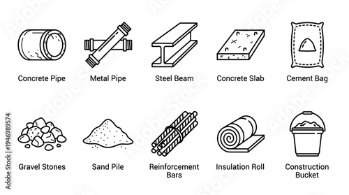 This graphic showcases a clean, outlined collection of essential construction materials and supplies, perfect for illustrating building projects or industry concepts.