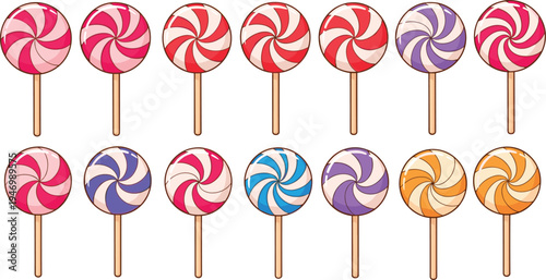 Colorful swirl lollipop candy set vector illustration with sweet spiral lollipops on sticks, dessert confectionery icons collection isolated on background