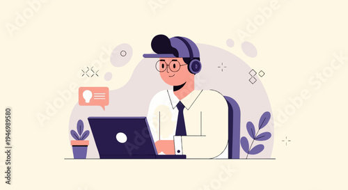 Person in headphones wearing glasses and cap, working on laptop