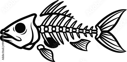 Fish Skeleton Bone Vector Traditional Tattoo Style with Bold Lines