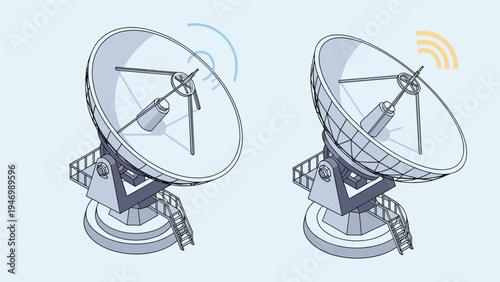 Pair of large satellite dishes, one actively receiving and the other transmitting signals, representing global communication and data transfer technology in an isometric view.