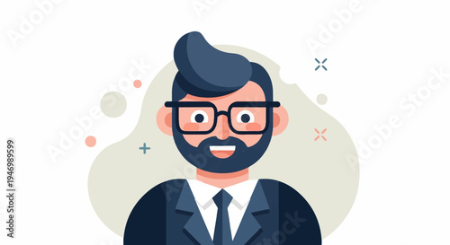 Cartoon man in suit and glasses with beard, with abstract shapes