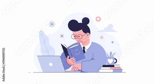 Person wearing glasses reads a book next to a laptop and a mug