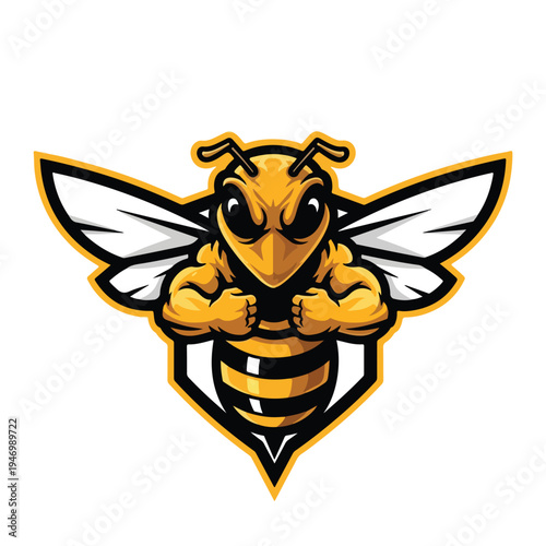 A cartoon angry bee esport mascot with clenched fists and a fierce expression on a white background with yellow and black stripes