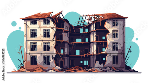 Severely damaged and collapsed residential building, depicting a scene of destruction and urban decay, possibly due to a natural disaster or conflict.