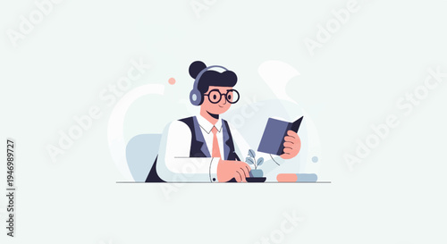 Person with headphones and glasses reading a book
