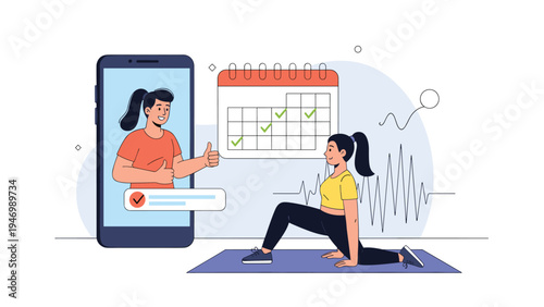 Woman engaging in a fitness workout while viewing an online fitness coach on a smartphone, with a calendar tracking her progress, promoting virtual training.