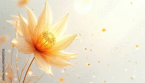 Golden flower with delicate petals glows softly. Abstract floral art with falling golden particles, evokes elegance. Soft pastel background, light and airy.