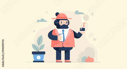 Stylized ape in suit holds coffee and phone, with plant and clouds
