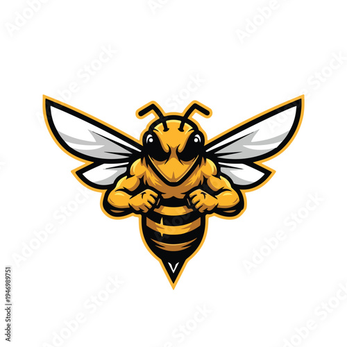 A cartoon angry bee esport mascot with yellow and black stripes flexes its muscles on a white background