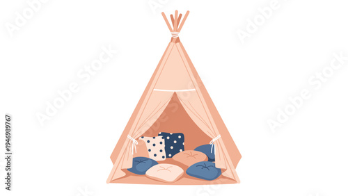 Cozy children's play tent or teepee, adorned with soft pillows and cushions, creating a whimsical and inviting space for indoor play and relaxation.