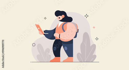 Animated figure with backpack holding a tablet, surrounded by abstract plants and stars