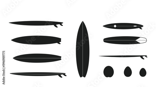 Collection of black silhouettes depicting various types and shapes of surfboards, illustrating different designs for water sports enthusiasts.