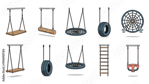 Diverse collection of playground swings and climbing ladders, including wooden planks, tire swings, and web swings, offering various options for children's play.