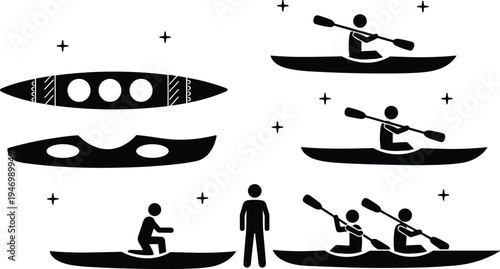 Kayaking and canoeing icons set paddle boat adventure water sport activity silhouette vector illustration collection isolated symbols