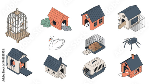Isometric collection of diverse pet houses and cages, including birdcages, doghouses, and animal carriers, designed for various domestic animals and wildlife.