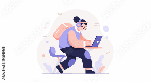 Young person with backpack and headphones works on laptop at desk