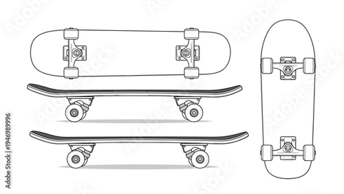 Collection of outline drawings depicting skateboards from various angles, showcasing the classic design and components for skateboarding enthusiasts.
