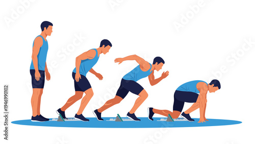 Sequential illustration of a male sprinter demonstrating the various starting positions from standing to launching off the blocks, emphasizing athletic movement.