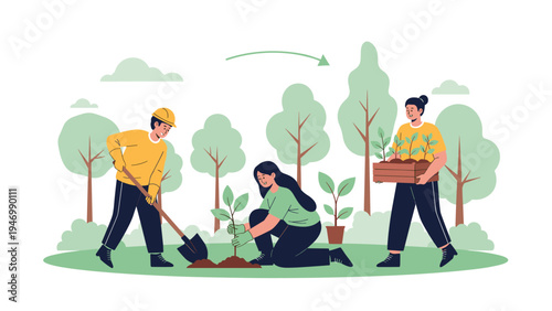 Group of diverse individuals actively engaged in planting trees, symbolizing environmental protection, sustainability, and community efforts for reforestation.