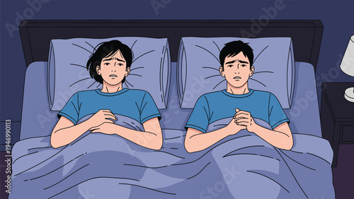 Worried couple lying awake in bed at night, both looking troubled and contemplating, possibly due to relationship issues or anxiety.