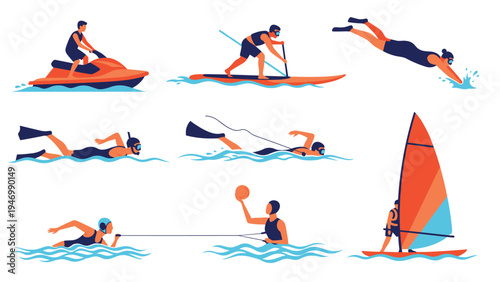 Dynamic collection of diverse individuals engaged in various water sports, including jet skiing, paddleboarding, swimming, diving, water polo, and windsurfing.