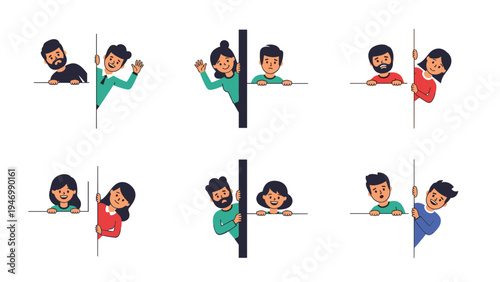 Collection of diverse individuals peeking around blank corners with various expressions, creating a sense of surprise, curiosity, or playful interaction.