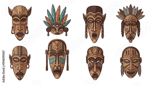 Diverse collection of traditional tribal African masks with intricate patterns, cultural symbols, and feathered headdresses, reflecting ancient ethnic artistry.