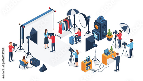 Isometric illustration depicting a bustling photo and video studio with professional photographers, videographers, models, lighting, cameras, and production equipment.