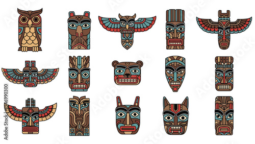 Extensive collection of traditional totems and tribal masks, featuring intricate carvings of animals and mythical figures, embodying rich indigenous cultures.