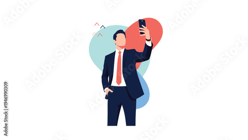 Stylish businessman in a dark suit and red tie confidently taking a selfie with his smartphone against a modern abstract background.