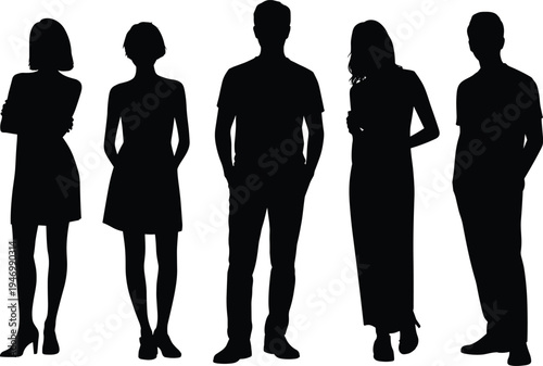 Standing people silhouette icon set, diverse human graphics, posture and clothing symbols, group figures design, black vector, white background