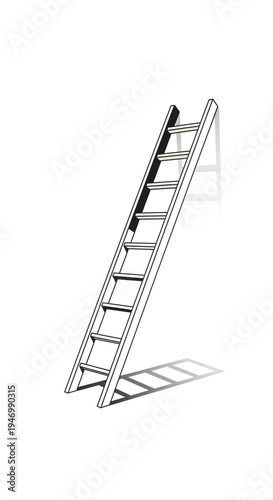 Wooden ladder leaning against wall with cast shadow simple line art