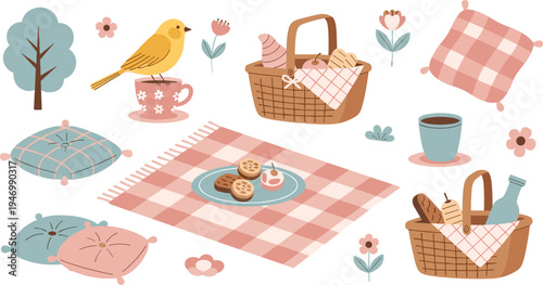 Cute Picnic Scene Vector Set with Basket Blanket Cushions Bird Coffee Mug Cookies and Outdoor Spring Illustration