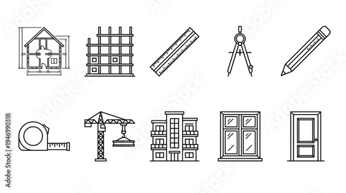 Set of black and white vector icons for construction and architecture, featuring a house plan, crane, building, and drafting tools for design projects.