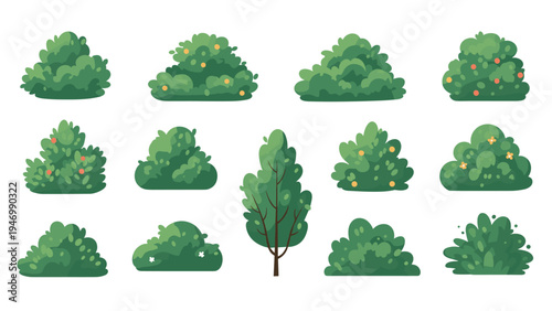Varied collection of lush green bushes and a tall tree, some adorned with small berries or subtle flowers, ideal for landscaping and nature scenes.