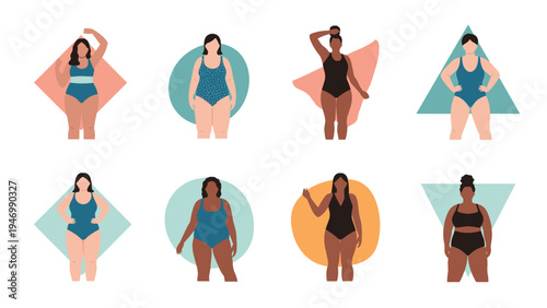 Diverse set of illustrations showcasing confident women with various body shapes wearing stylish swimsuits, celebrating body positivity and self-acceptance.