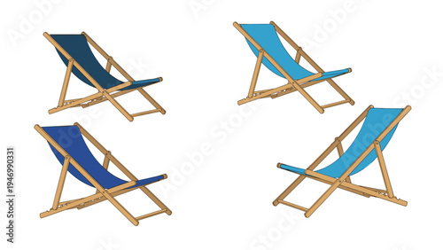 Four inviting wooden beach chairs in varying shades of blue, perfectly arranged for relaxation and enjoying a sunny day by the sea or pool.