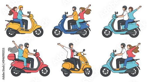 Dynamic set of illustrations featuring cheerful couples riding colorful scooters and motorbikes, enjoying adventurous journeys and romantic road trips together.