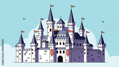 Majestic cartoon castle boasting multiple grand towers, vibrant flags, and sturdy fortifications, standing proudly under a bright blue sky with fluffy clouds.