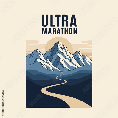 Inspiring Illustration of Ultra Marathon Adventure with Mountain Peaks and Scenic Landscape