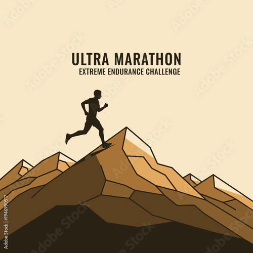 Inspiring Illustration of Ultra Marathon Runner Conquering Mountain Peaks for Endurance