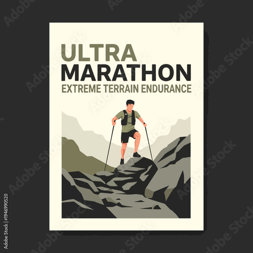 Inspiring Illustration of Ultra Marathon Runner Conquering Rocky Mountain Terrain Endurance