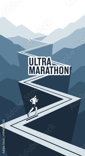 Inspiring Illustration Of Ultra Marathon Runner Navigating Winding Mountain Trail, Endurance Concept