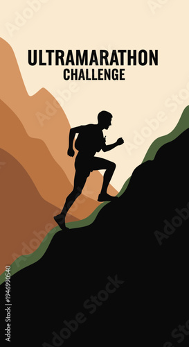 Inspiring Illustration of Ultramarathon Runner Conquering Mountain Ascent in Dramatic Silhouette