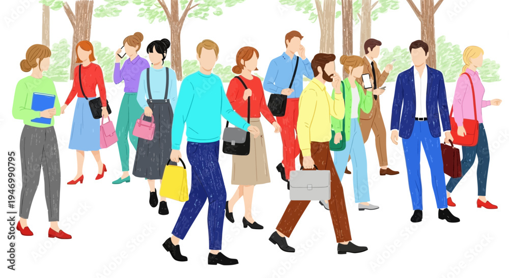 Obraz premium A group of people walking in a park with trees and greenery around them