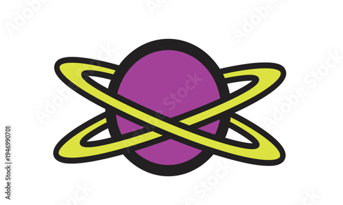 A purple planet icon with two intersecting neon yellow rings, featuring thick black outlines in a modern flat design.