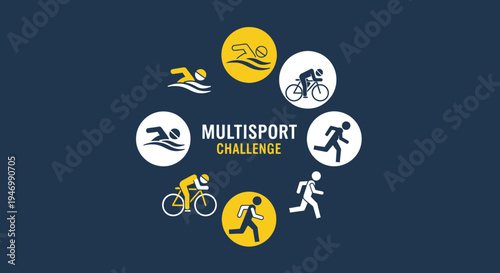 Inspiring Multisport Competition Iconography on Navy Blue Background for Athletic Events