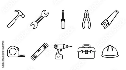 A clean, minimalist collection of black outline icons representing various construction and DIY tools, including a hammer, wrench, drill, and hard hat, set against a pristine white background.